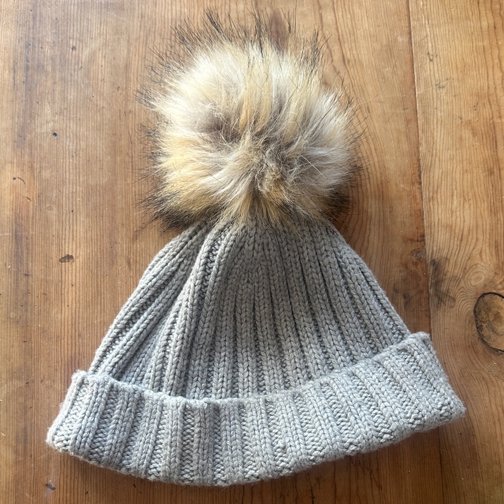 J. Crew Gray Knit Beanie with Faux Fur Pom-Pom
